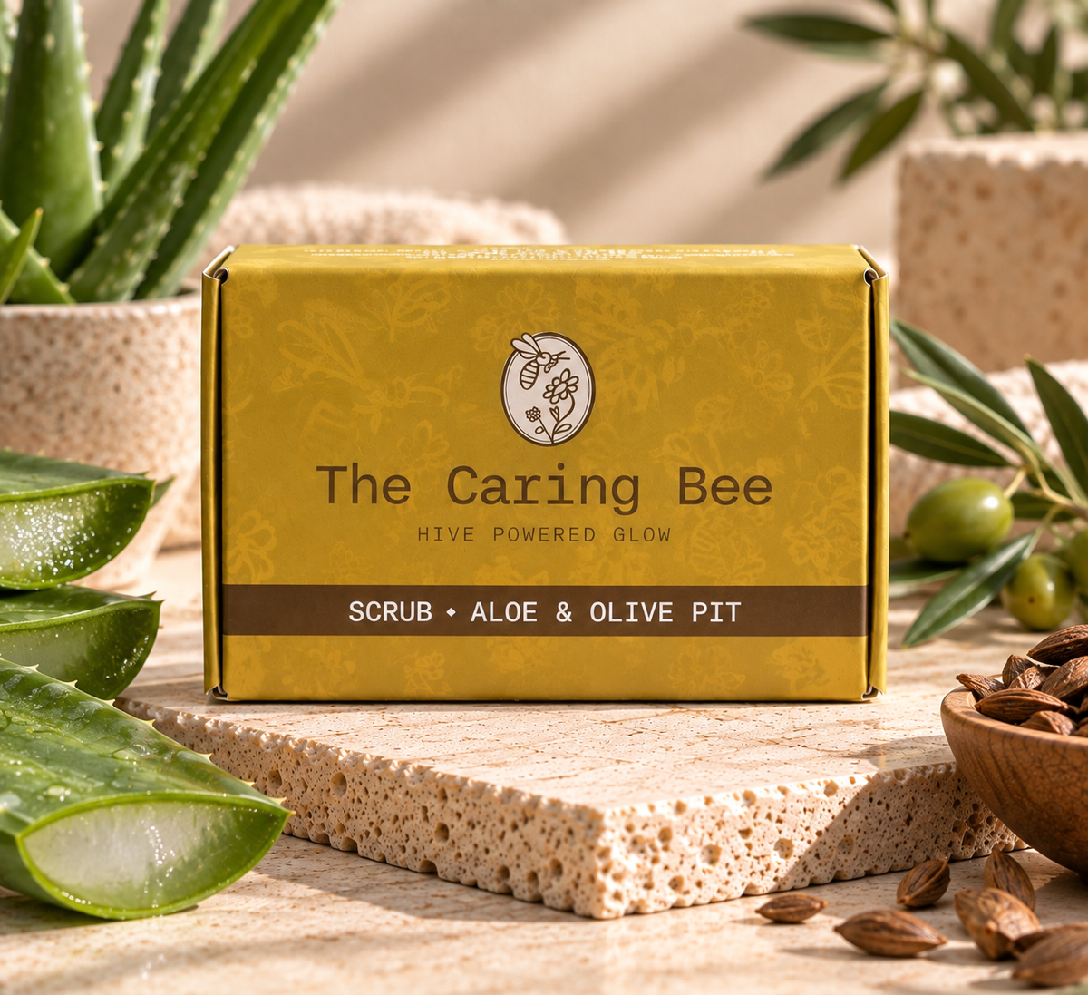 The Caring Bee Scrub Soap – Aloe & Olive Pit, 110 g